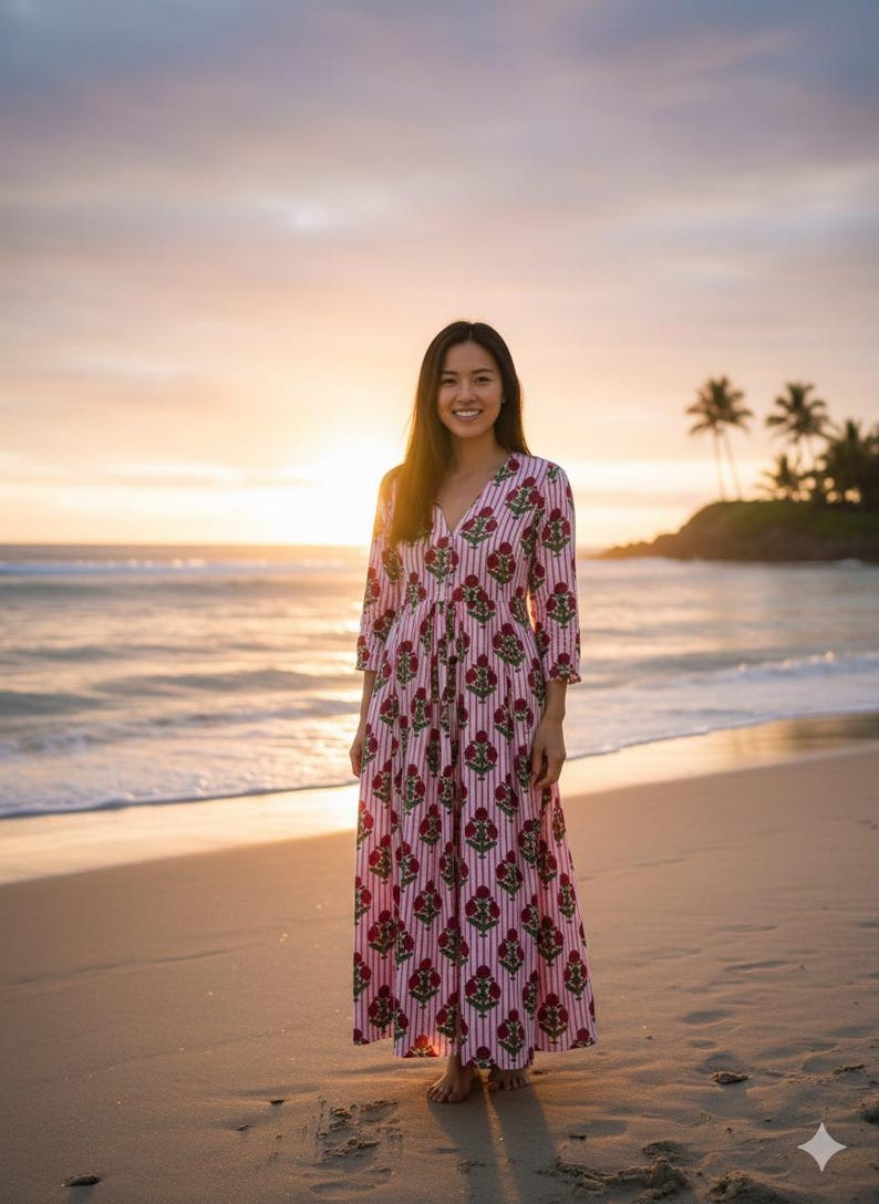 May include: A long, flowing dress with a pink and white striped pattern and floral accents. The dress has a V-neck and three-quarter sleeves. The woman is standing on a beach at sunset, with the ocean and palm trees in the background.