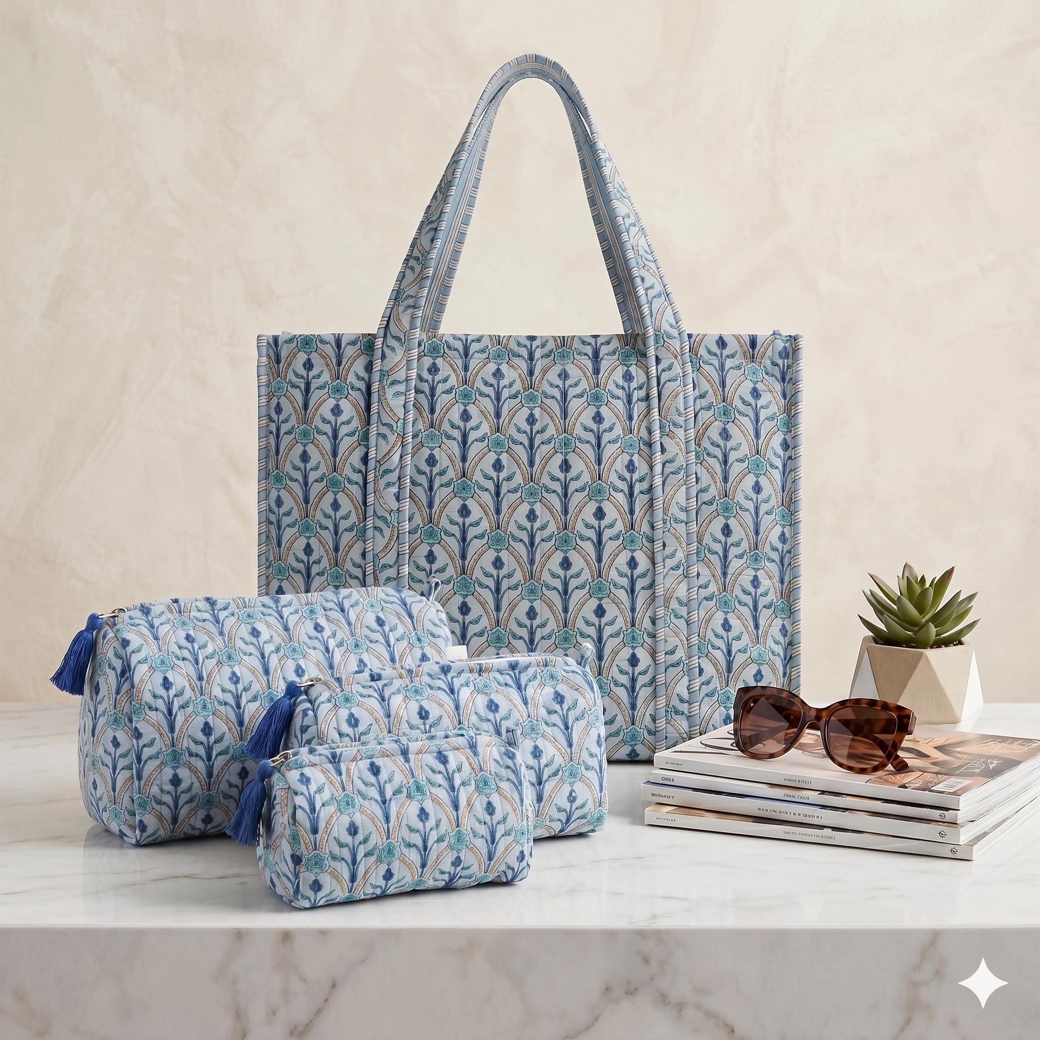 Floral Block Printed Tote Bag & Toiletry Bag, Cotton Quilted Bag, Toiletry Bag Elegant Quilted Floral Cosmetic Travel Cases Matching Bag Set