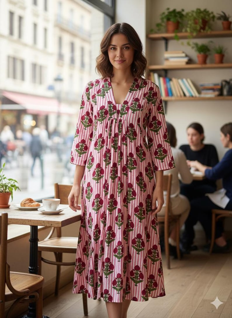 May include: A woman wearing a pink and white striped dress with a floral pattern. The dress has a V-neck and three-quarter sleeves. The background shows a cafe setting with tables, chairs, and a window.
