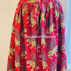 Red Safari Print Cotton Skirt – Leopard Animal Print Boho Maxi Skirt – Handmade Elastic Waist Skirt – Tribal Jungle Skirt for Women