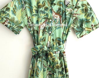 Robe midi en coton à imprimé blocs de main : imprimé safari jungle verte