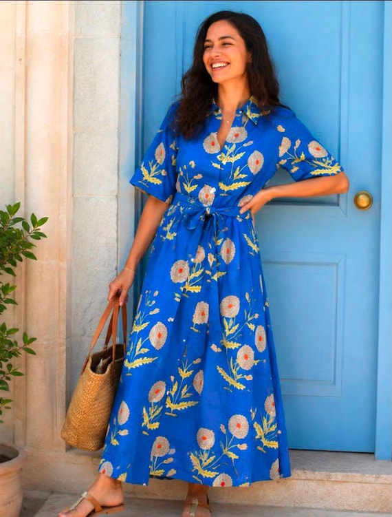 Hand Block Printed Cotton Shirt Dress: Blue Floral Boho Midi