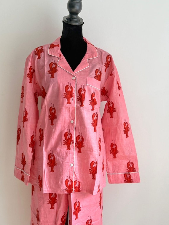 Pink Lobster Print Pajama Set for Women | Hand Block Print Lobster Cotton Pajamas Set | Breathable Summer Nightwear | Gift for Her | Beach