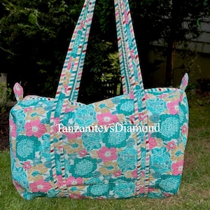Indian Cotton Floral Print Quilted Duffle Bags Large Size Beautiful Block Print Weekender Bags Handmade Shoulder Travel Overnight Bags