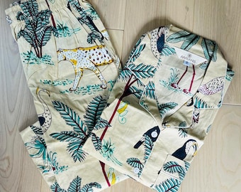 Katoenen pyjamaset met handblokprint, cadeau bruidsmeisje, zachte nachtkledingjurk, nachtkleding pyjama, katoenen pyjama, pyjama met dierenprint, pyjama met dierenprint,