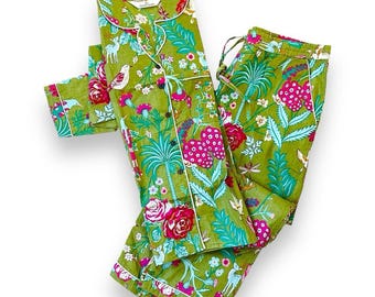 Floral Cotton Pajama Set: Hand Block Printed Women's Loungewear