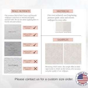 May include: A product information graphic with text about peel and stick canvas and smooth wallpapers. The graphic shows the best wall surfaces for the wallpapers, material information, and samples. The graphic also includes a "Made in USA" seal.