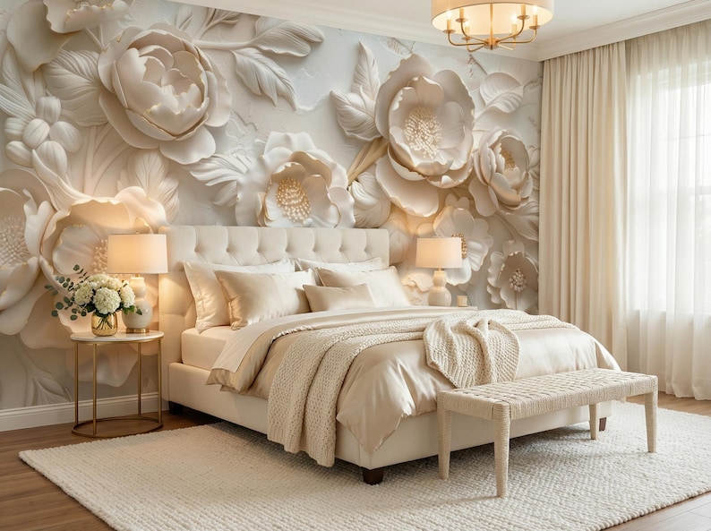 May include: A bedroom with a large bed, side tables, and a rug. The focal point is a wall mural of large, cream-colored floral designs. The bed is covered in cream-colored bedding, and the room has a soft, neutral color palette.