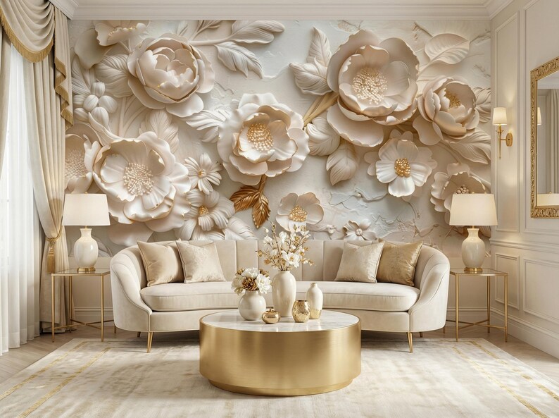 May include: A luxurious living room featuring a cream-colored sofa with gold accents, a round gold coffee table, and a floral wall mural. The room is decorated with matching lamps and a rug, creating a cohesive and elegant space.