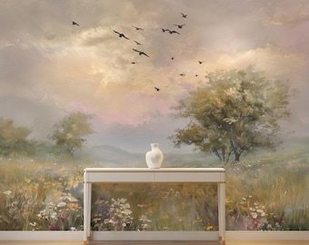 Romantic Countryside Mural, Panoramic French Style Landscape Wallpaper, Pastel Sky With Birds