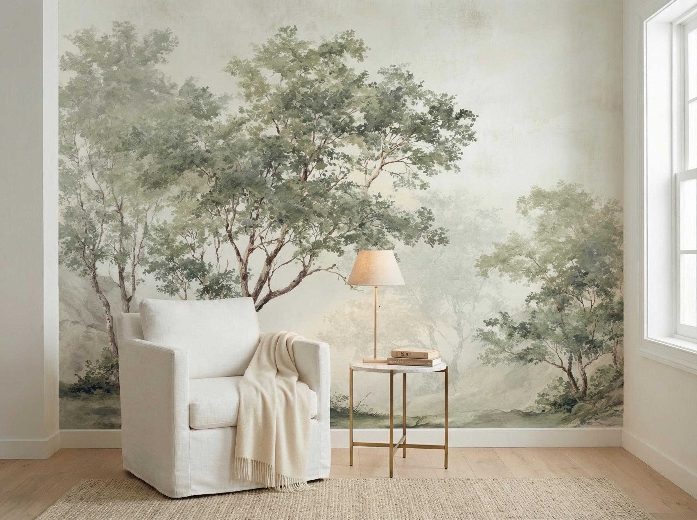 Pastoral Landscape Mural Wallpaper, Pastel Trees Landscape for Living ...