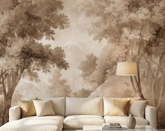 Sepia Landscape Peel and Stick Wallpaper, Vintage Scenic Mural Wallpaper Sepia Color, Panoramic Landscape Wallpaper, Scenic Wall Mural
