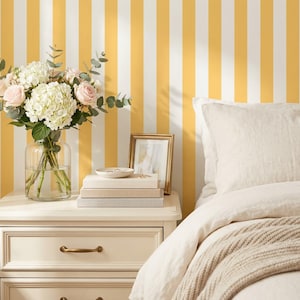 Yellow Stripe Peel & Stick Wallpaper, Funky Classic Retro Wall Decor, Traditional Line Statement Wallpaper, White Background Wallpaper