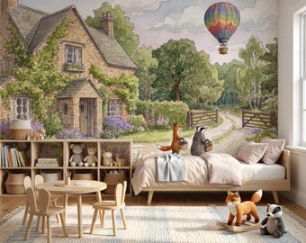 Whimsical Watercolor Village Wall Mural for Nursey, Peel & Stick Removable Wallpaper, Children Playroom Mural