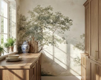 Pastoral Landscape Mural Wallpaper, Pastel Trees Landscape for Living Room, Bedroom, Kitchen