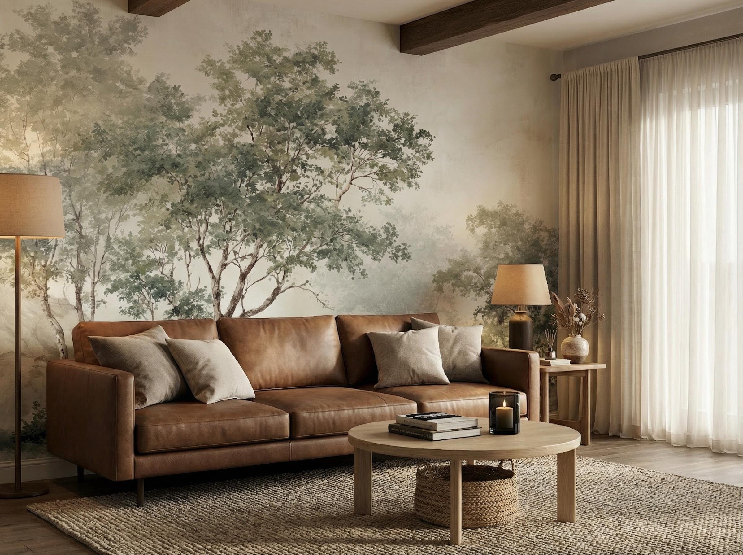 Pastoral Landscape Mural Wallpaper, Pastel Trees Landscape for Living ...