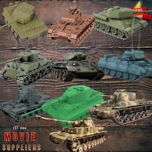 May include: A collection of toy tanks in various colors, including green, brown, and camouflage patterns. The tanks have detailed features like turrets, treads, and gun barrels. The image includes the text "MOVIE SUPPLIERS EST 1984".