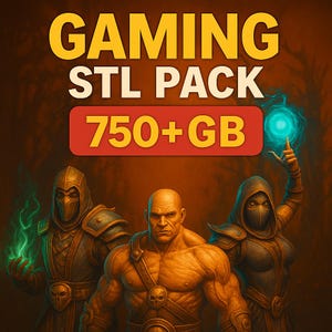 May include: Digital art featuring three muscular figures in fantasy attire. The top text reads "GAMING STL PACK" in yellow, with "750+ GB" in a red rectangle. One figure holds green energy, another blue.