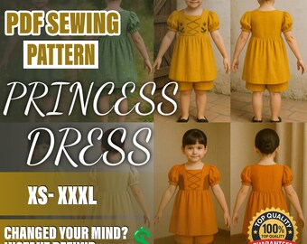 Patrón de costura de vestido de princesa en PDF / Patrón de costura para principiantes / Patrón A4-A0 / Patrón de vestido de hada / Patrón de vestido para niños / Patrón para niños