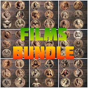 Pode incluir: Uma coleção de esculturas em relevo circulares com personagens de filmes populares. As esculturas estão dispostas sobre um fundo escuro com grão de madeira. A palavra "FILMS" é verde e "BUNDLE" é laranja, ambas em letras grandes e em negrito.