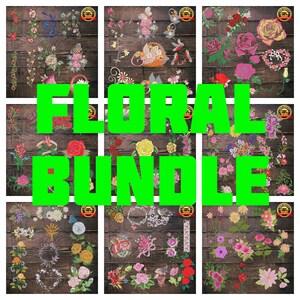 May include: A collage of 12 embroidery designs featuring various floral arrangements. The designs are displayed on a woodgrain background with a green banner that reads "Floral Bundle".
