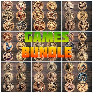 May include: A collection of 36 round wooden coasters featuring various video game characters. The coasters are arranged in a grid pattern on a wooden surface. The text "GAMES BUNDLE" is displayed in large, bold letters across the center of the image.