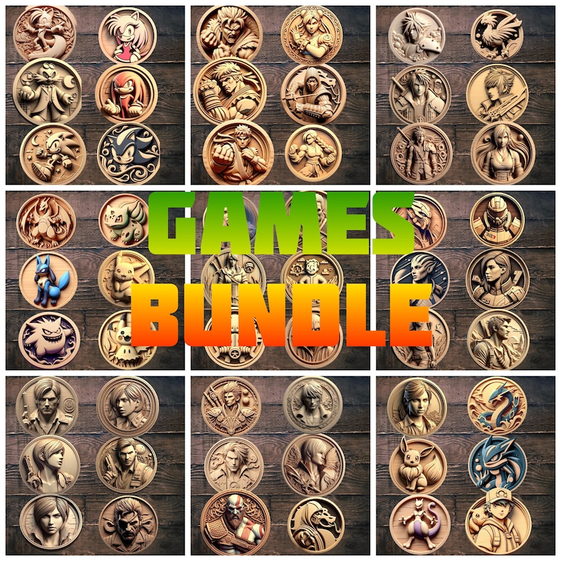 May include: A collection of 36 round wooden coasters featuring various video game characters. The coasters are arranged in a grid pattern on a wooden surface. The text "GAMES BUNDLE" is displayed in large, bold letters across the center of the image.
