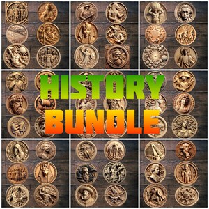 May include: A collection of 36 round wooden plaques with various historical figures and scenes carved into them. The plaques are arranged in a grid pattern on a wooden background. The text "HISTORY BUNDLE" is displayed in large, bold letters in the center of the image.