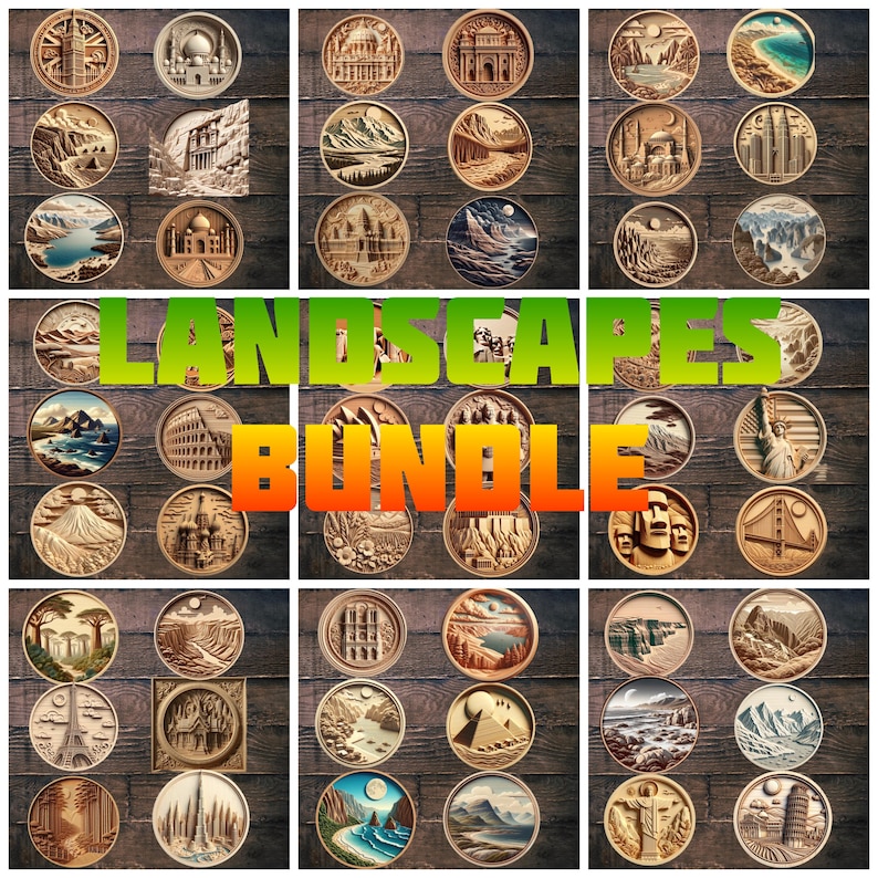 May include: A collection of 36 round wooden carvings featuring various landscapes, including mountains, waterfalls, and cityscapes. The carvings are arranged in a grid pattern on a wooden background. The text "LANDSCAPES BUNDLE" is displayed in large, bold letters across the center of the image.