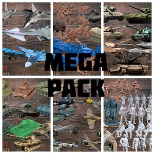 Puede incluir: Un collage de juguetes militares, incluyendo aviones de combate, tanques y soldados. La imagen presenta una variedad de colores, incluyendo verde, marrón, azul y gris. El texto "MEGA PACK" se muestra prominentemente en el centro de la imagen.
