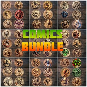 May include: A collection of 36 round wooden plaques featuring various comic book characters. The plaques are arranged in a grid pattern on a wooden background. The text "COMICS BUNDLE" is displayed in large, bold letters in the center of the image.
