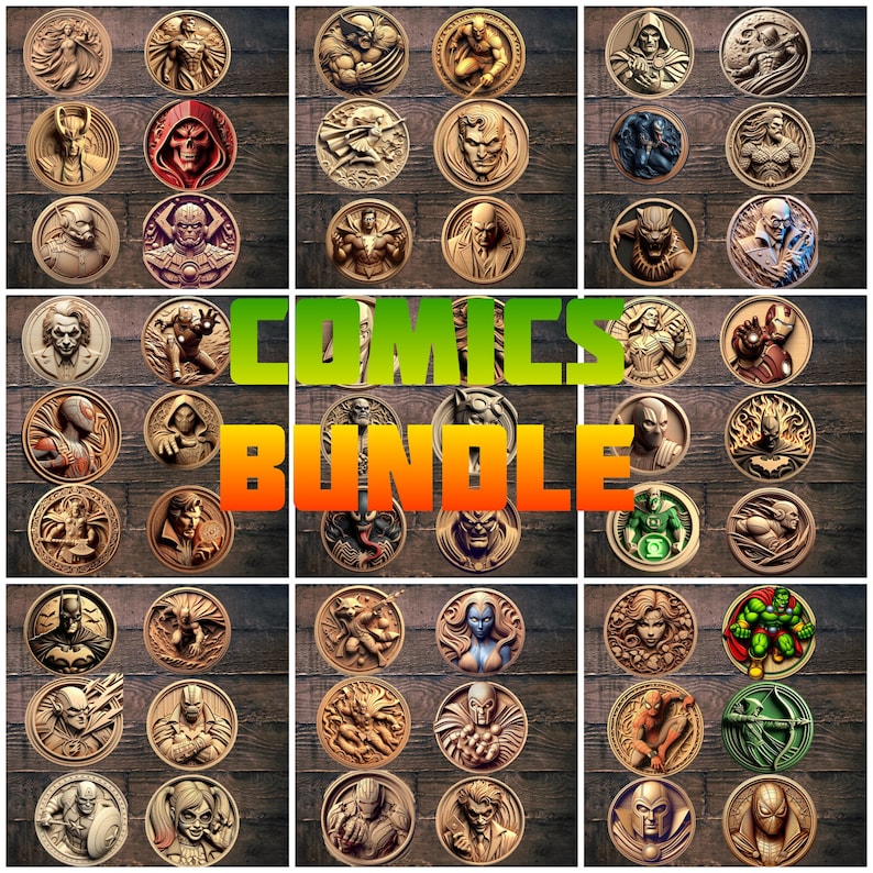 May include: A collection of 36 round wooden plaques featuring various comic book characters. The plaques are arranged in a grid pattern on a wooden background. The text "COMICS BUNDLE" is displayed in large, bold letters in the center of the image.