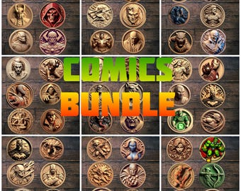 May include: A collection of intricately carved wooden medallions featuring comic book characters. The word "COMICS BUNDLE" is displayed in green and orange. The medallions are arranged on a wooden surface.