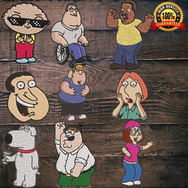 Puede incluir: Parches bordados con personajes de una popular serie de animaci&oacute;n. Los parches representan a varios personajes con colores vibrantes, incluyendo un beb&eacute; con gafas de sol, un hombre en silla de ruedas y un perro. Sobre un fondo de vetas de madera.