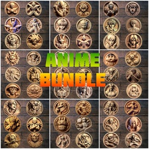 May include: A collage of 36 round wooden carvings featuring popular anime characters. The carvings are arranged in a grid pattern on a woodgrain background. The text "ANIME BUNDLE" is displayed in large, bold letters in the center of the image.