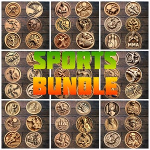 May include: A collection of 36 round wooden plaques with various sports-themed designs. The plaques feature a variety of sports, including baseball, basketball, football, soccer, golf, tennis, swimming, boxing, martial arts, and more. The plaques are all made of wood and have a natural finish. The plaques are arranged in a grid pattern on a wooden background. The text "SPORTS BUNDLE" is displayed in large letters in the center of the image.