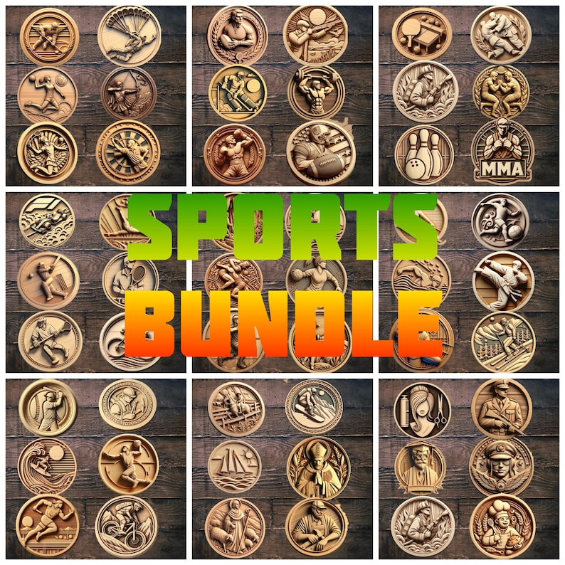 May include: A collection of 36 round wooden plaques with various sports-themed designs. The plaques feature a variety of sports, including baseball, basketball, football, soccer, golf, tennis, swimming, boxing, martial arts, and more. The plaques are all made of wood and have a natural finish. The plaques are arranged in a grid pattern on a wooden background. The text "SPORTS BUNDLE" is displayed in large letters in the center of the image.