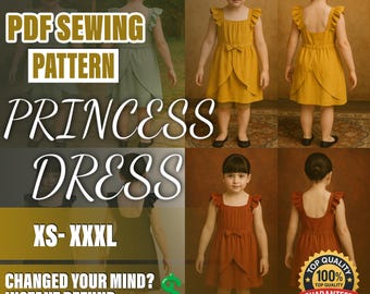 Patrón de costura de vestido de princesa en PDF / Patrón de costura para principiantes / Patrón A4-A0 / Patrón de vestido de hada / Patrón de vestido para niños / Patrón para niños