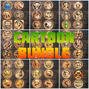 May include: A collection of 36 round wooden plaques featuring various cartoon characters. The plaques are arranged in a grid pattern on a wooden background. The text "Cartoon Bundle" is displayed in large, bold letters in the center of the image.