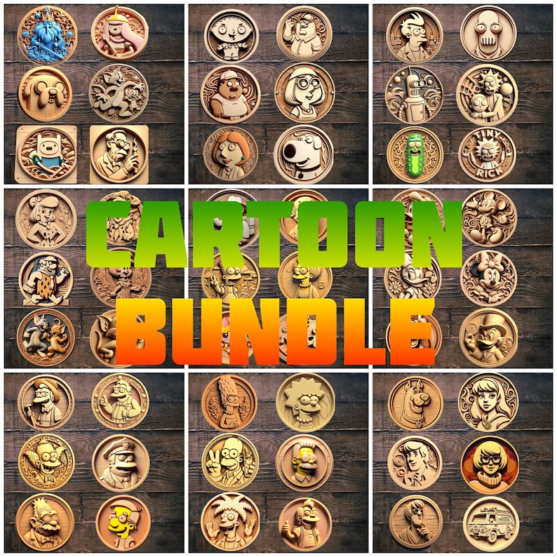 May include: A collection of 36 round wooden plaques featuring various cartoon characters. The plaques are arranged in a grid pattern on a wooden background. The text "Cartoon Bundle" is displayed in large, bold letters in the center of the image.