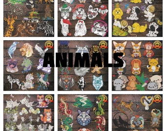 Può includere: Un collage di illustrazioni di animali colorati, tra cui una tigre, un unicorno, un drago, un gatto, un cane e altro ancora. Le immagini sono disposte in una griglia su uno sfondo di legno. La parola "ANIMALS" è scritta in grandi caratteri grassetto al centro del collage.