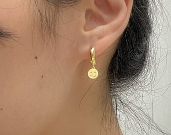 Smile dangle hoop earrings, Smile charm hoop earrings, Gold huggie hoop earrings, Smile face daily earrings, Minimalist jewelry