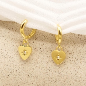 Heart Dangle Hoop Earrings, Sunburst Heart Hoop Earrings, Starburst Heart Huggie Earrings, Gold Dangle Earrings, Gift For Her
