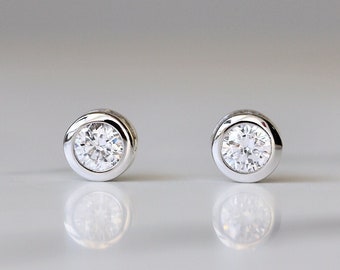 Sterling Silver Round CZ Stud Earrings: Solitaire Bezel Set