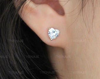 Heart CZ Stud Earrings: 925 Sterling Silver Solitaire