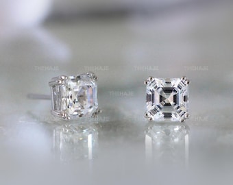 Asscher Cut CZ Sterling Silver Stud Earrings: 5-8mm Square Solitaire
