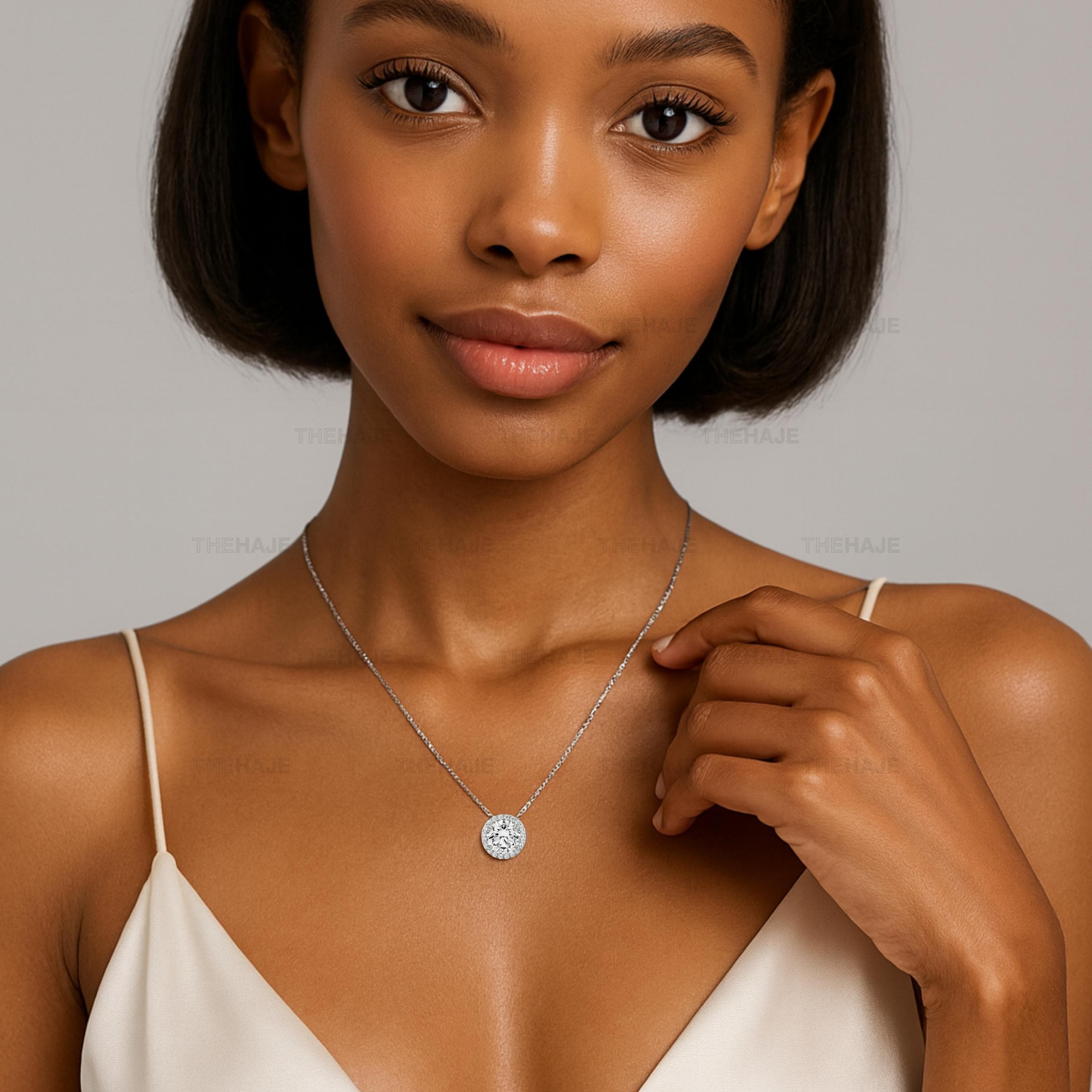 Halo Pendant Necklace: Round CZ, Rhodium Plated Brass - Etsy