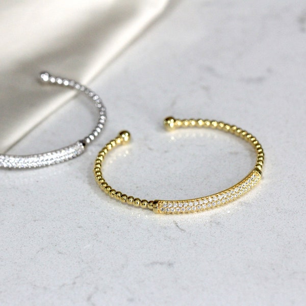 Pavé Dome Bar Bracelet - Adjustable Cuff Bracelet - Pavé Set Diamond - Ball Cable Bracelet - Adjustable Wire Bangle - Fashion Bracelet