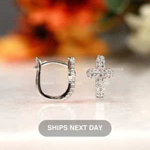 Pave Cross Hoop Earrings, Cross Huggie Hoop Earrings, Religious Lever Back Earrings, Micro Pave Cross Huggies, Rhodium Plated White Brass