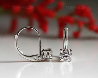 CZ Solitaire Leverback Earrings: 925 Sterling Silver or White Brass